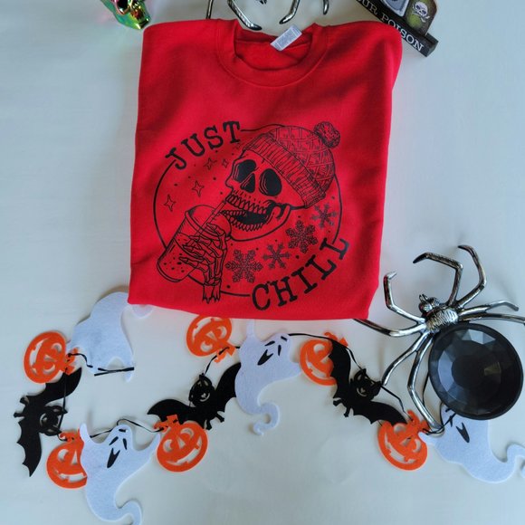 New Ready to Ship! Red Gildan brand Unisex Just Chill Skeleton Coffee - Picture 3 of 3